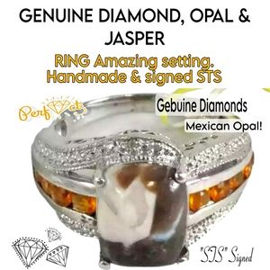 GENUINE DIAMOND MEXICAN OPAL & JASPER RING Amazing setting Handmade & signed STS